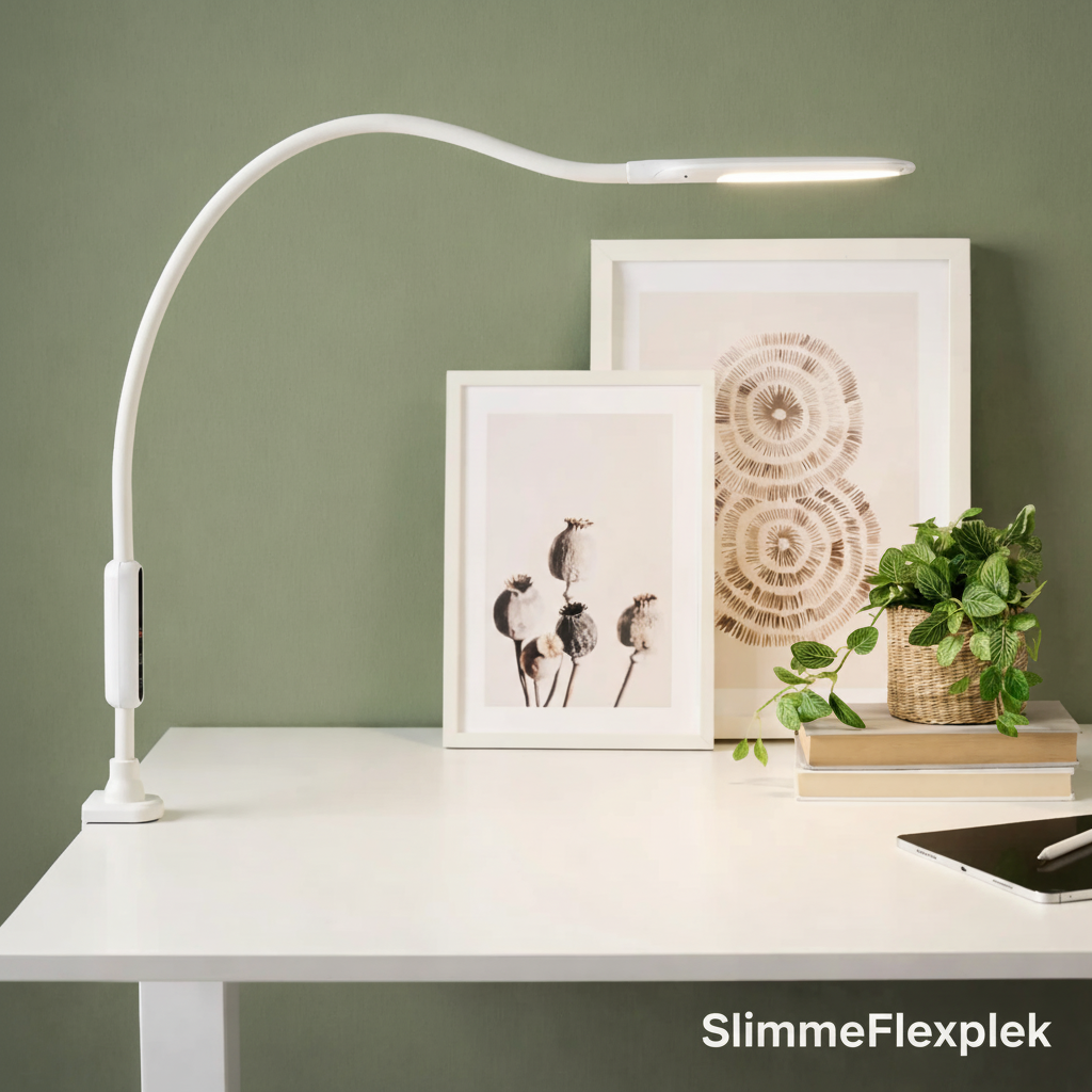 Bureau lamp wit lifestyle met SlimmeFlexplek logo