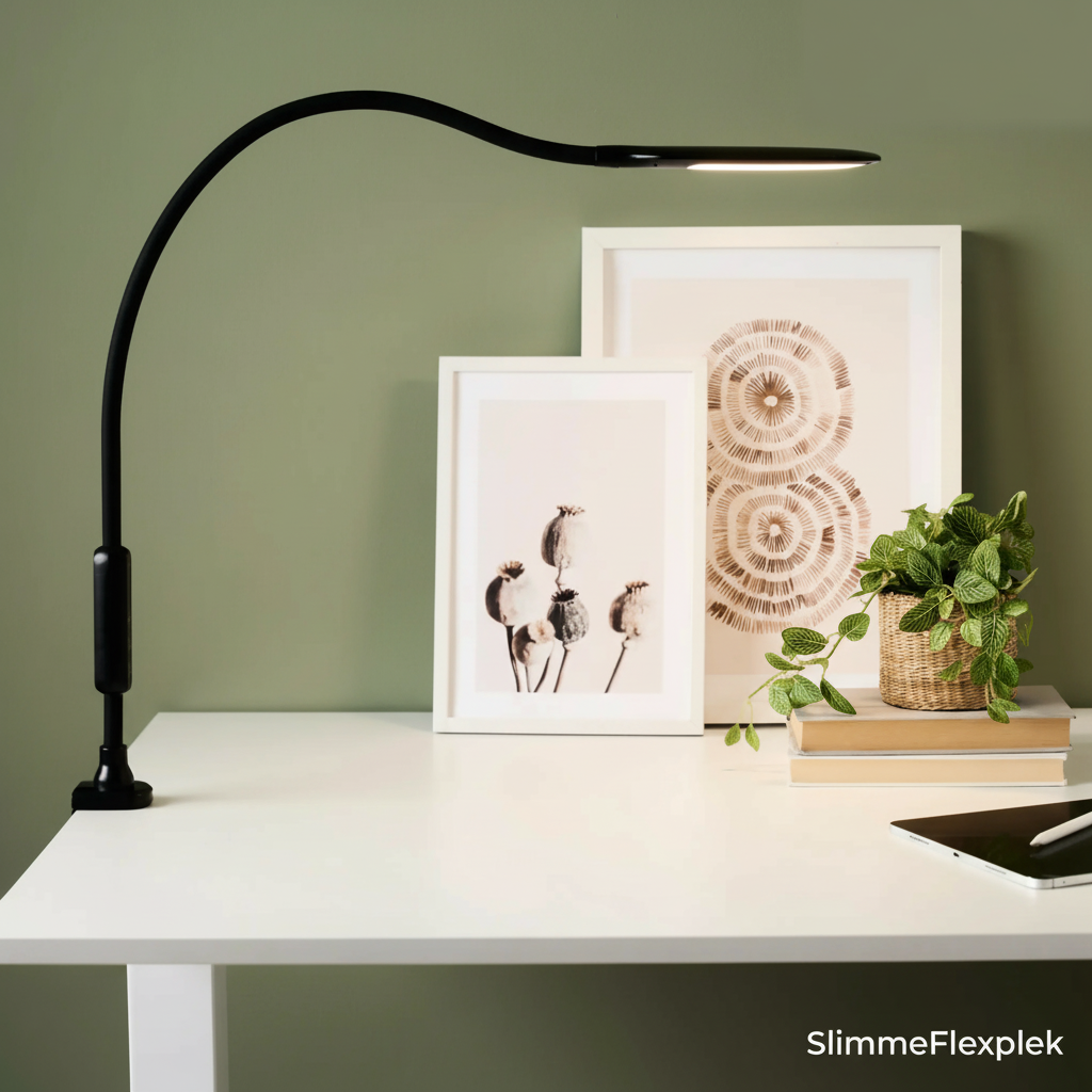 Bureau lamp zwart lifestyle met SlimmeFlexplek logo
