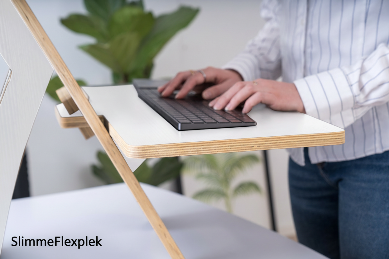 Desk riser close-up in gebruik - SlimmeFlexplek