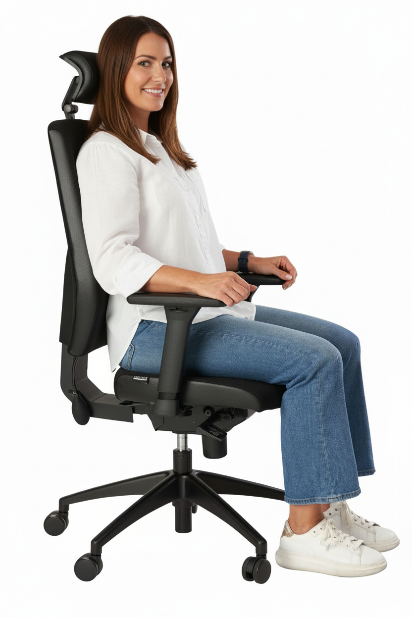 Professioneel model op ergonomische bureaustoel - zijaanzicht