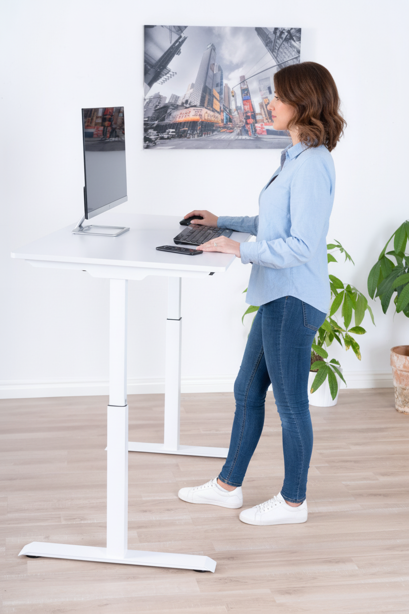Vrouw aan wit zit-sta bureau - zonder logo