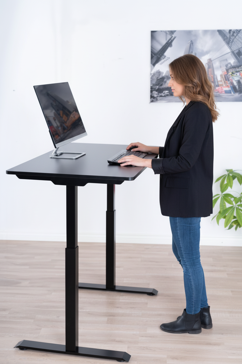 Vrouw aan zwart zit-sta bureau - zonder logo