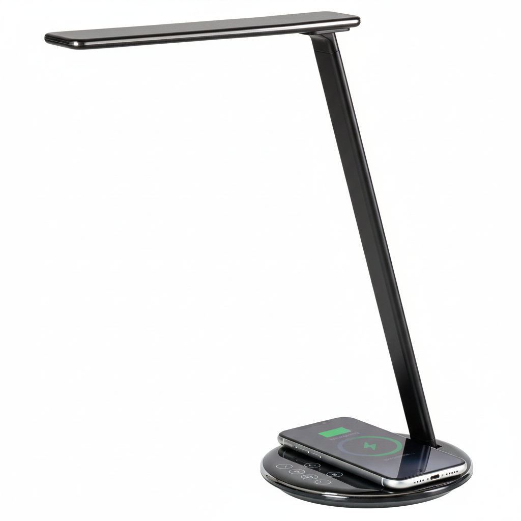 Zwarte bureaulamp met draadloze oplader