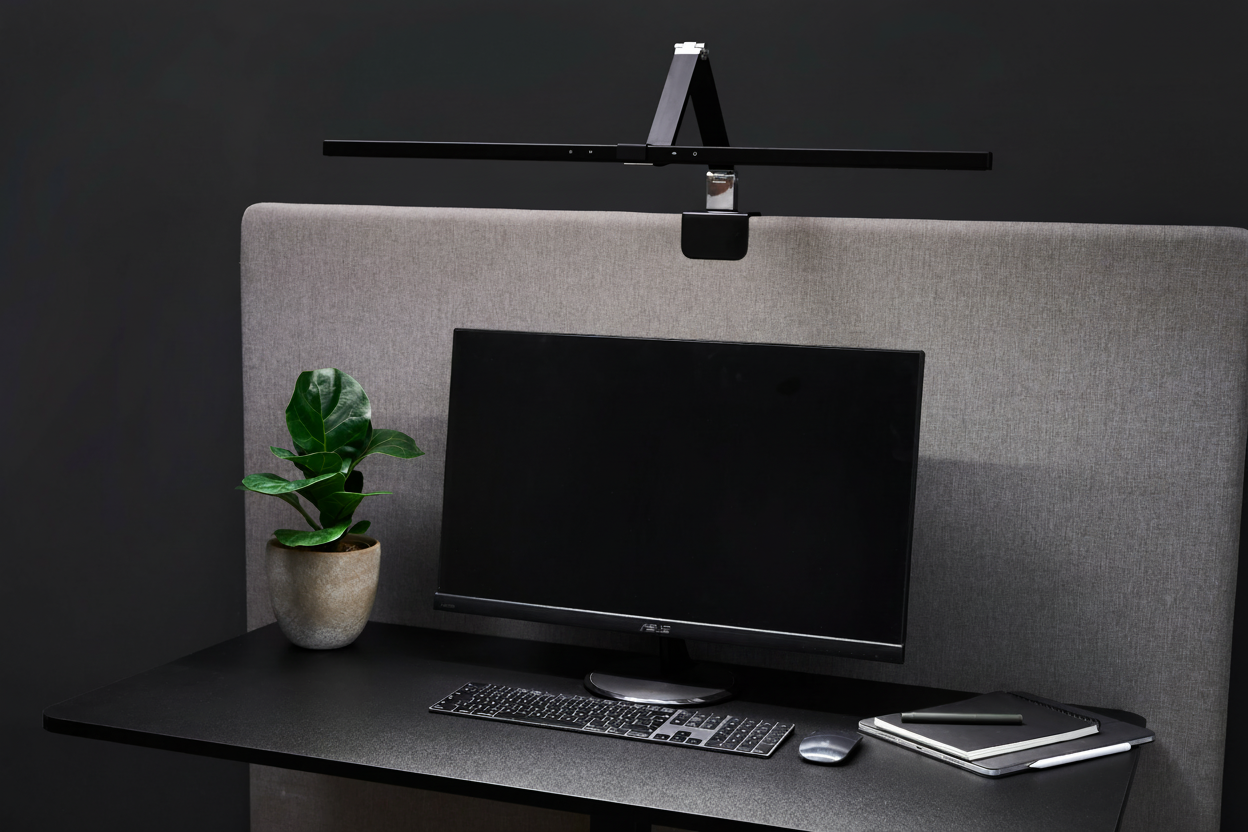 Zwarte monitorlamp op bureau setup - zonder logo